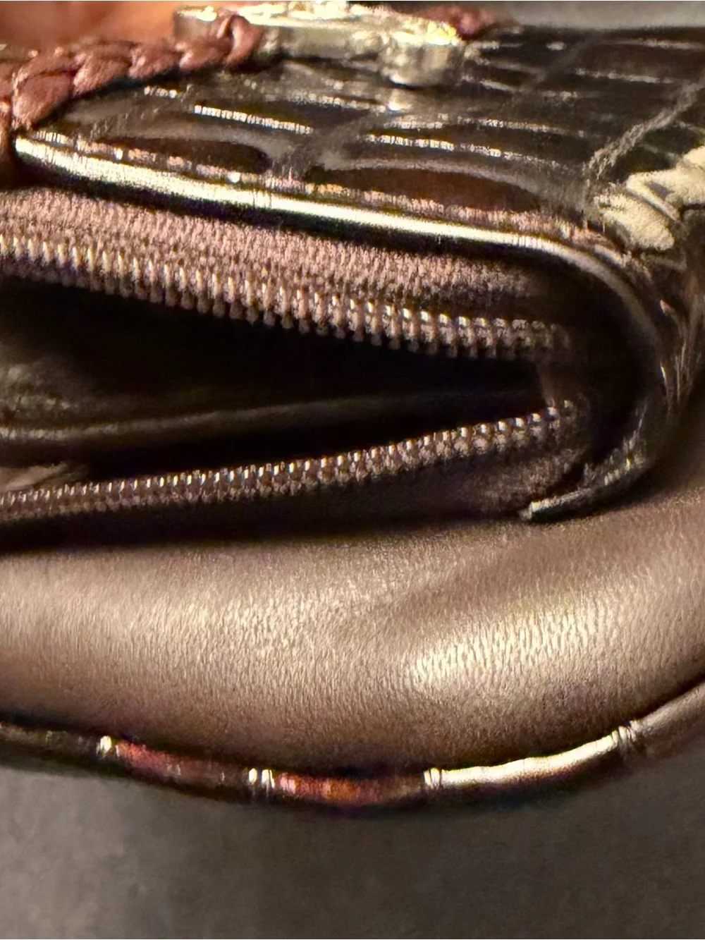 Braided Accent Patent Croc Wallet with Heart Charm - Brown